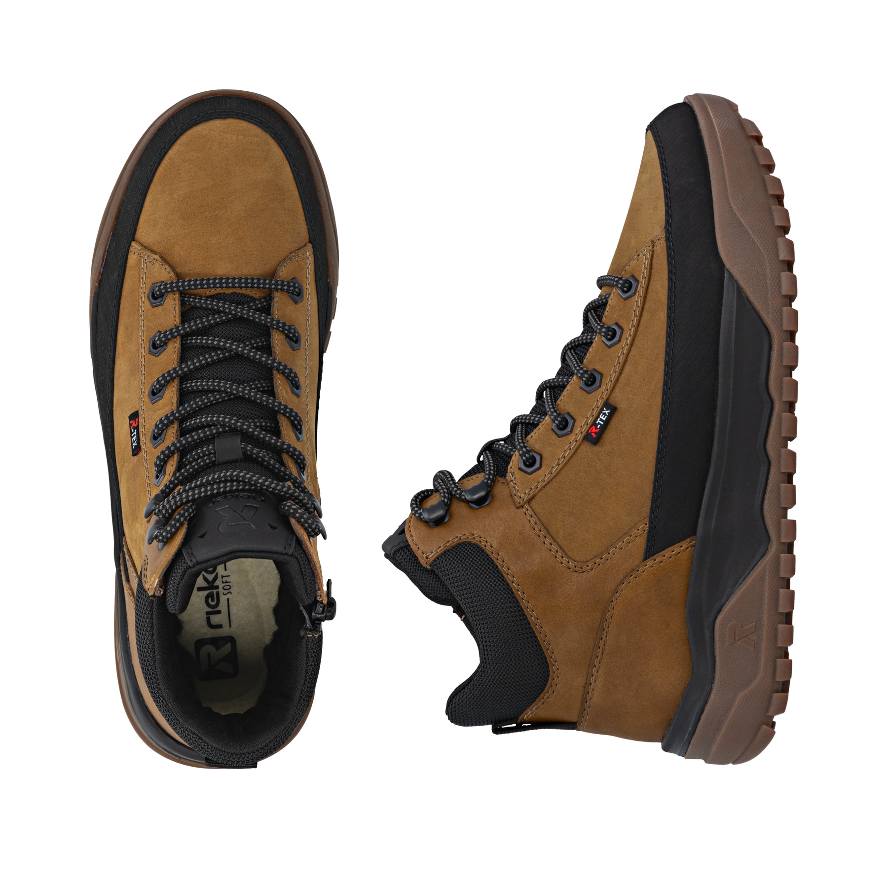 Gelbe Rieker Herren Schnürstiefel U1571-68 mit wasserabweisender TEX-Membran. Schuh von oben, liegend.