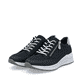 Blaue Rieker Damen Sneaker Low N9516-14 mit Reißverschluss sowie Extraweite H. Schuhpaar seitlich schräg.