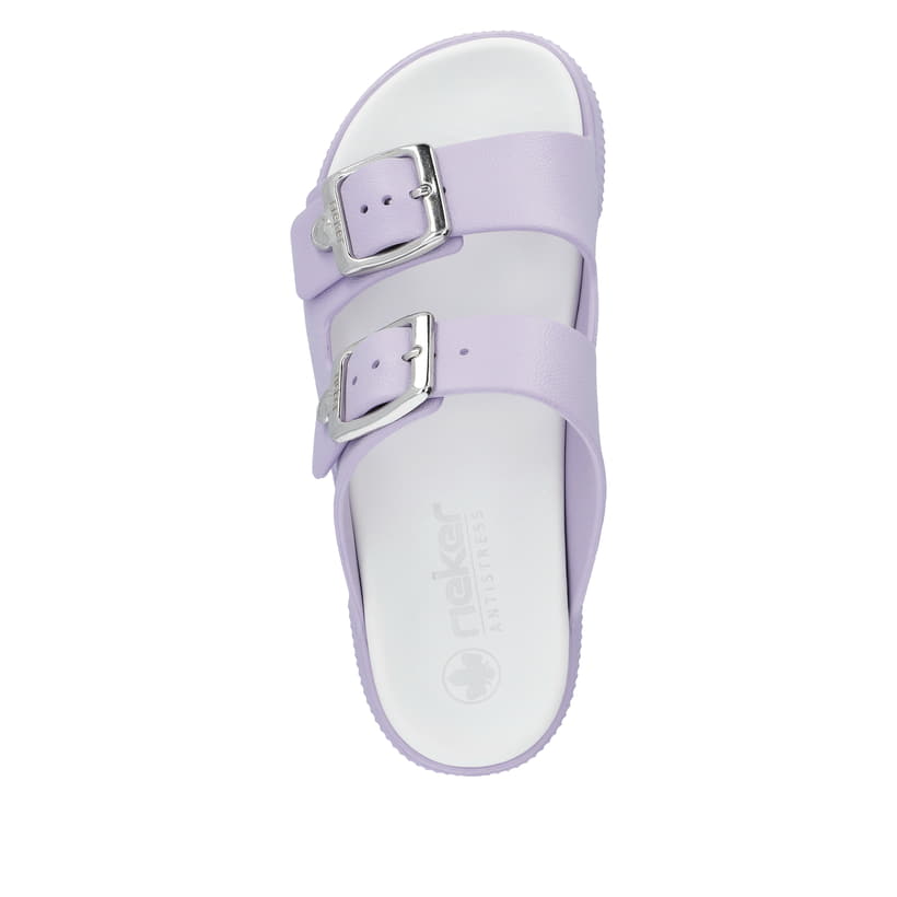 Fliederfarbene Rieker Damen Pantoletten P2180-30 mit einer Schnalle. Schuh von oben.