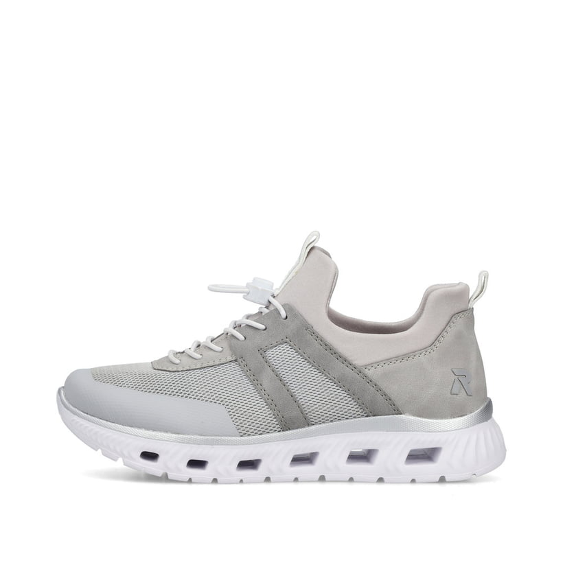 Graue Rieker Damen Sneaker Low M6061-40 mit einem Gummizug sowie Komfortweite G. Schuh Außenseite.