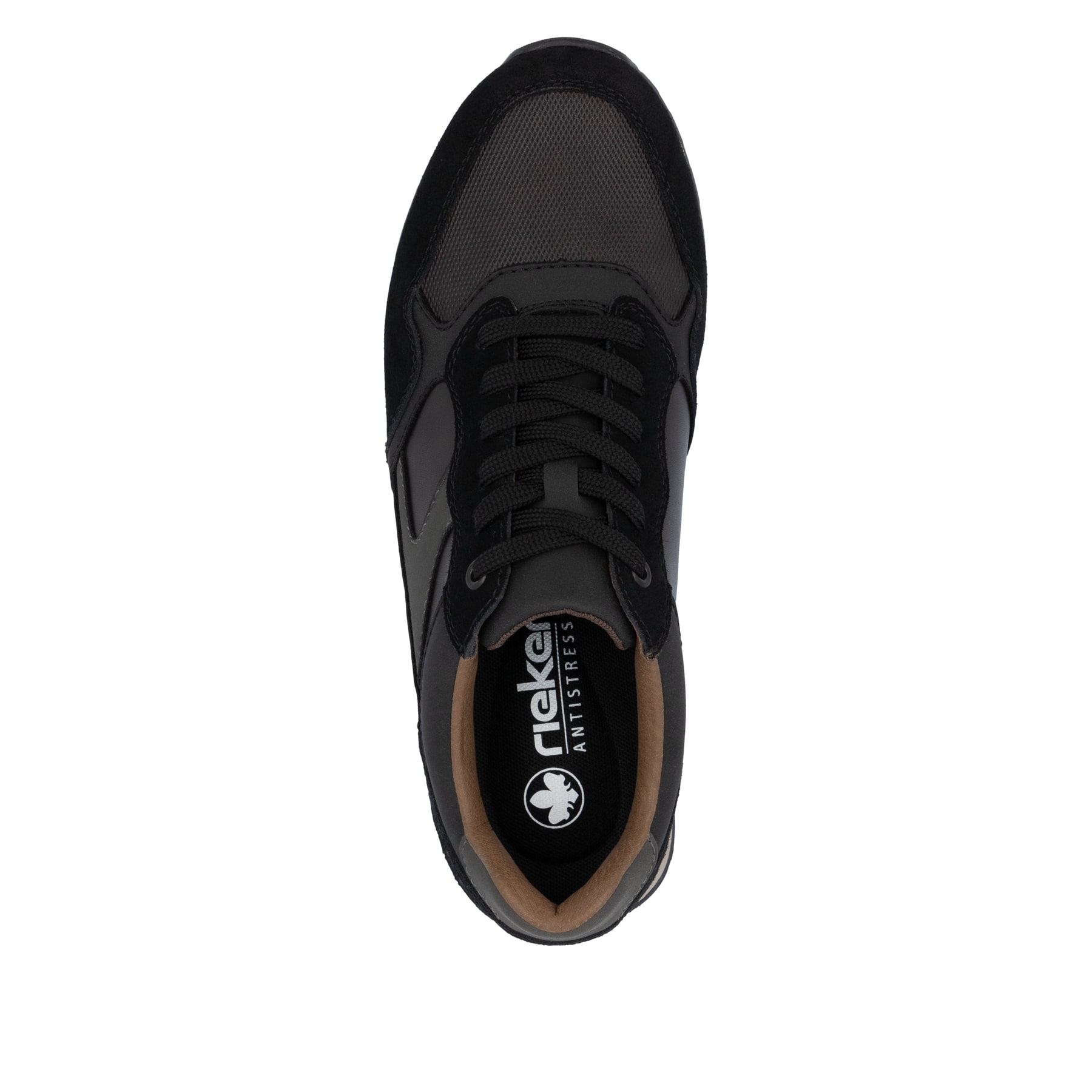 Schwarze Rieker Herren Sneaker Low U0313-00 aus Rauleder mit einer Schnürung. Schuh von oben.