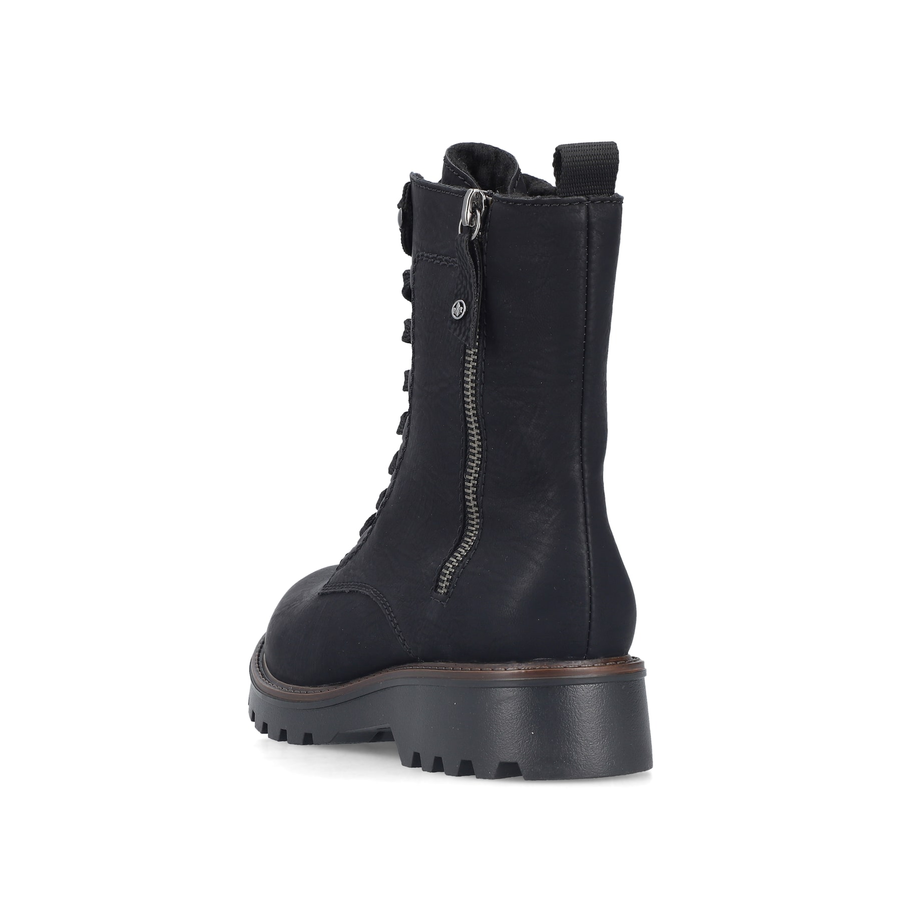 Schwarze Rieker Damen Biker Boots 73210-00 mit einem Reißverschluss. Schuh von hinten.