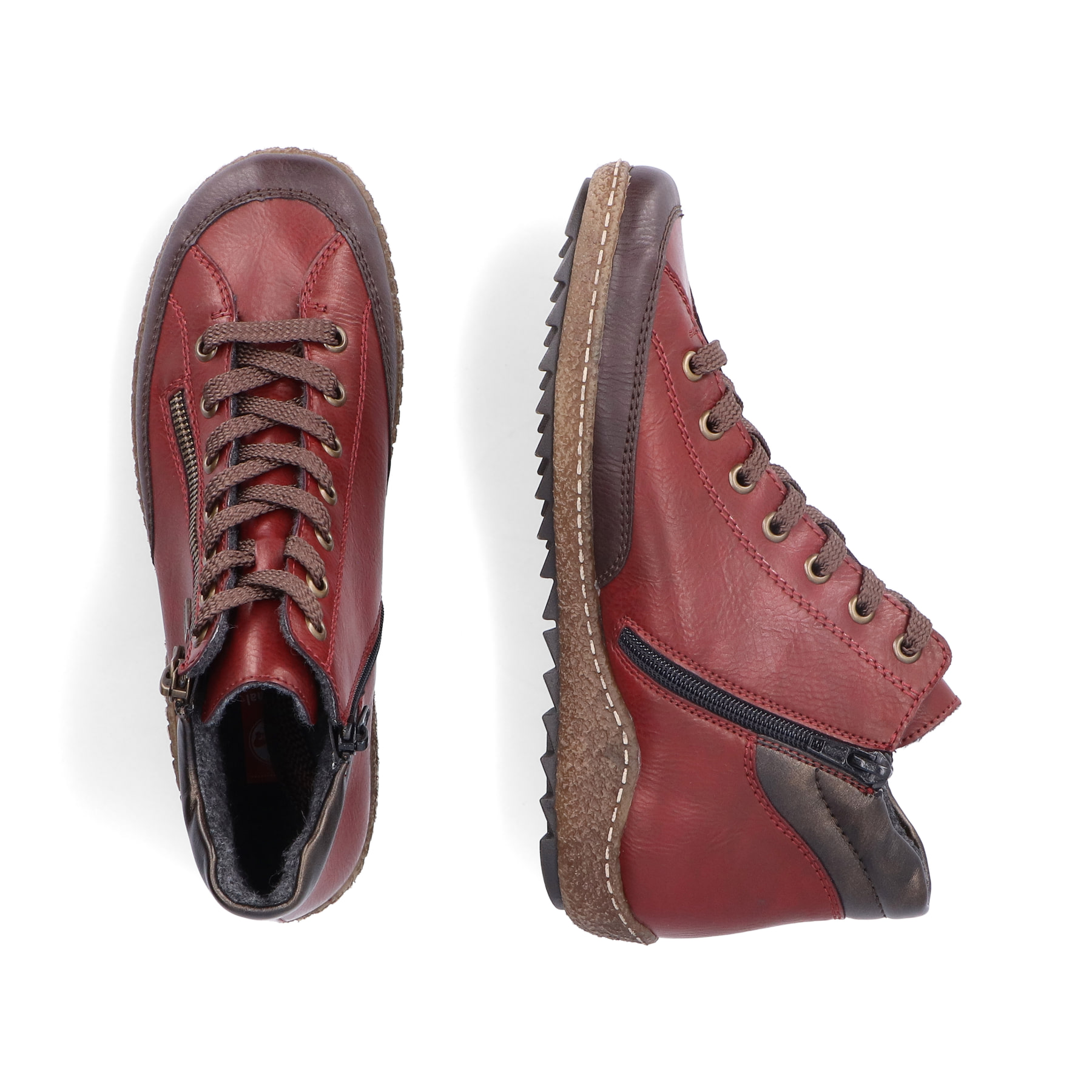 Rote Rieker Damen Kurzstiefel L7500-35 mit wasserabweisender RiekerTEX-Membran. Schuh von oben, liegend.