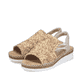 Beigebraune Rieker Damen Sandalen V1268-64 mit floralem Muster sowie Gummizug. Schuhpaar seitlich schräg.