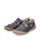 Blaue Rieker Damen Slipper 54555-14 mit einem Klettverschluss. Schuhpaar seitlich schräg.