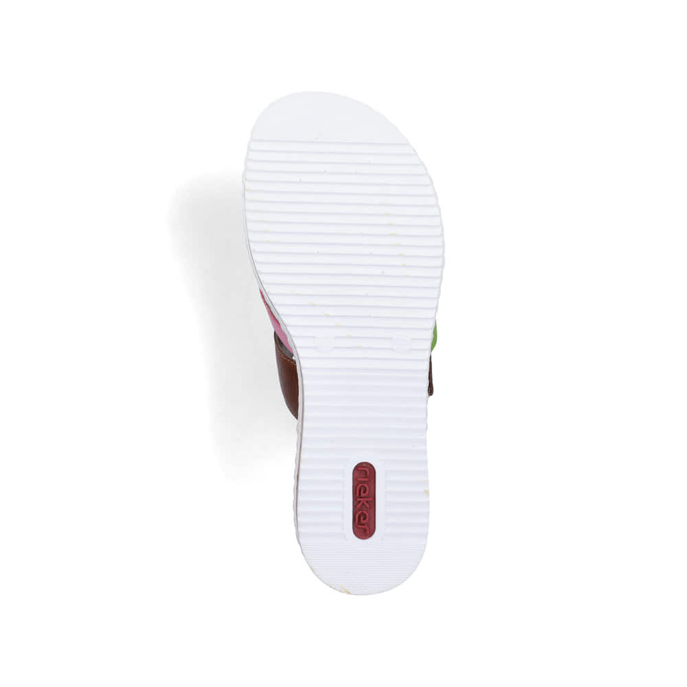 Mehrfarbige Rieker Damen Pantoletten V3652-96 mit einem Klettverschluss. Schuh Laufsohle.