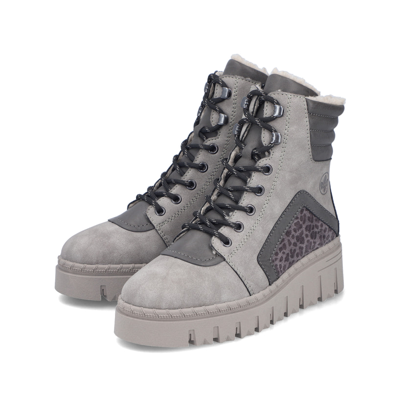 Graue Rieker Damen Schnürstiefel Z8904-40 mit einem Reißverschluss. Schuhpaar seitlich schräg.