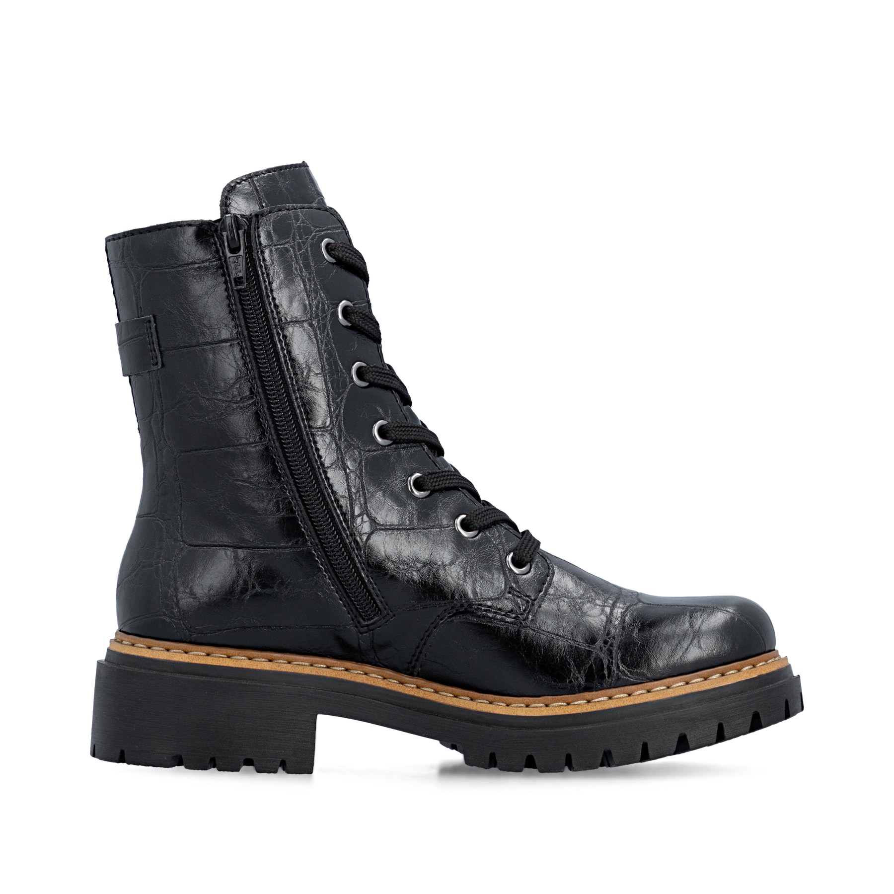 Biker Boots Rieker noires pour femmes 72631-01 avec fermeture éclair. Côté intérieur de la chaussure.