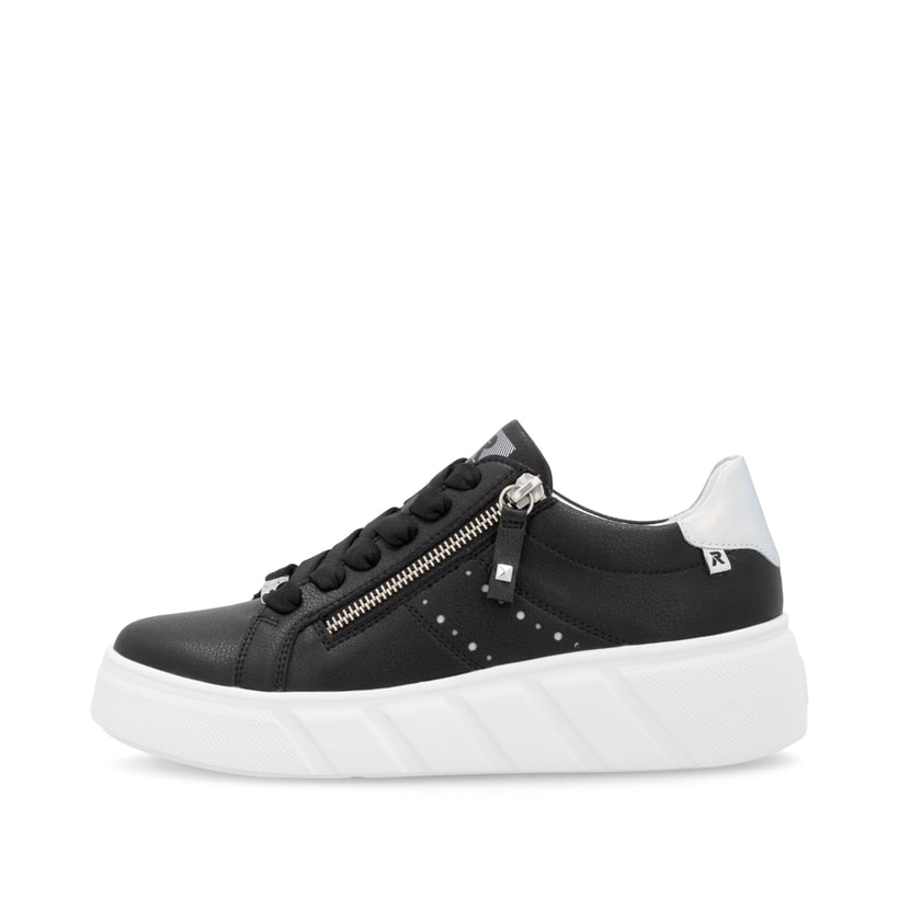 Schwarze Rieker Damen Sneaker Low W2605-00 mit einem Reißverschluss. Schuh Außenseite.