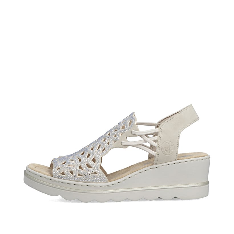 Beige Rieker Keilsandaletten 67465-62 mit Strasssteinen sowie einem Gummizug. Schuh Außenseite.