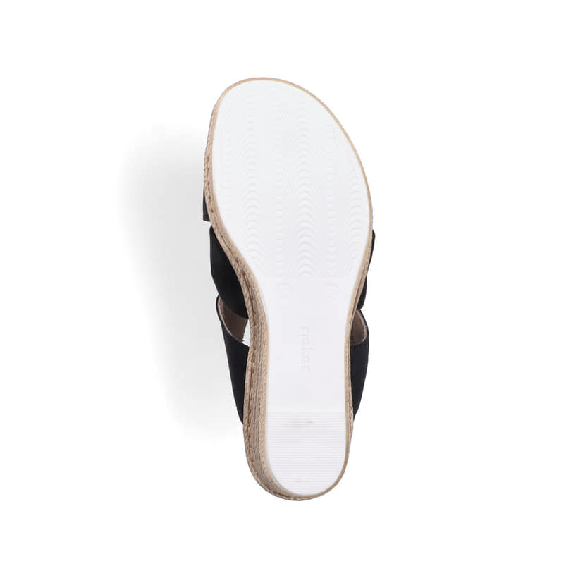 Schwarze Rieker Damen Pantoletten 68789-00 mit dekorativer Schleife. Schuh Laufsohle.