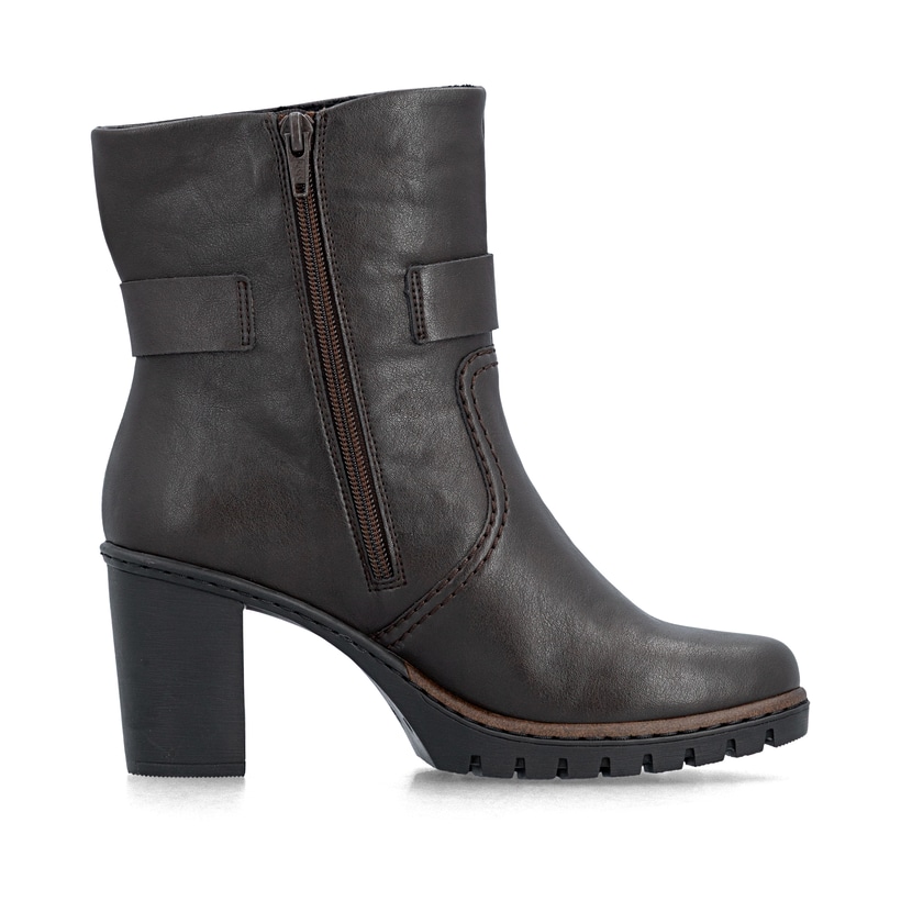 Dunkelbraune Rieker Damen Stiefeletten Y2590-25 mit einem Reißverschluss. Schuh Innenseite.