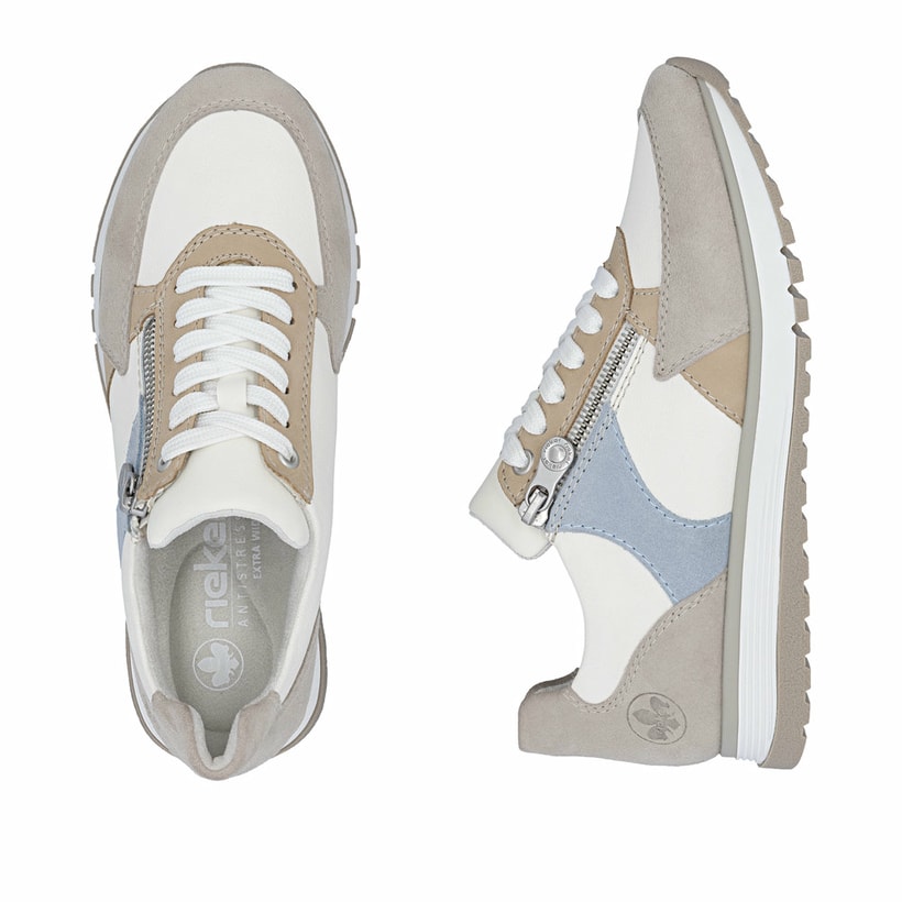 Weiße Rieker Damen Sneaker Low 49010-81 aus Rauleder mit einem Reißverschluss. Schuh von oben, liegend.