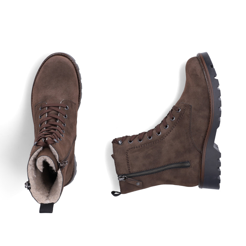 Braune Rieker Damen Biker Boots 73210-25 mit einem Reißverschluss. Schuh von oben, liegend.