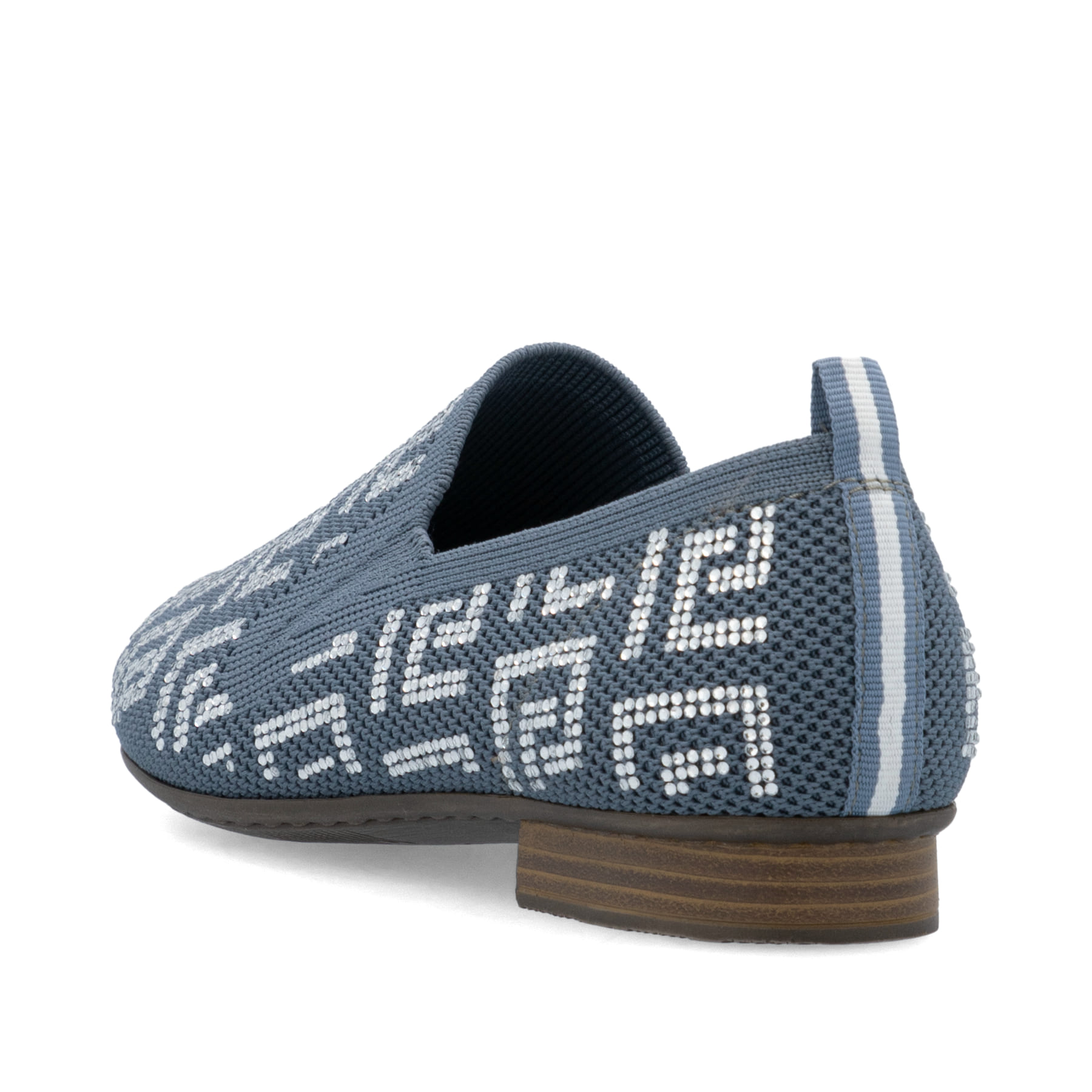 Blaue Rieker Damen Loafer 51953-12 mit Gummizug sowie extra weicher Decksohle. Schuh von hinten.