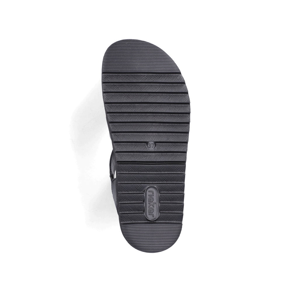 Schwarze Rieker Damen Riemchensandalen V5663-00 mit trendiger Schnalle. Schuh Laufsohle.