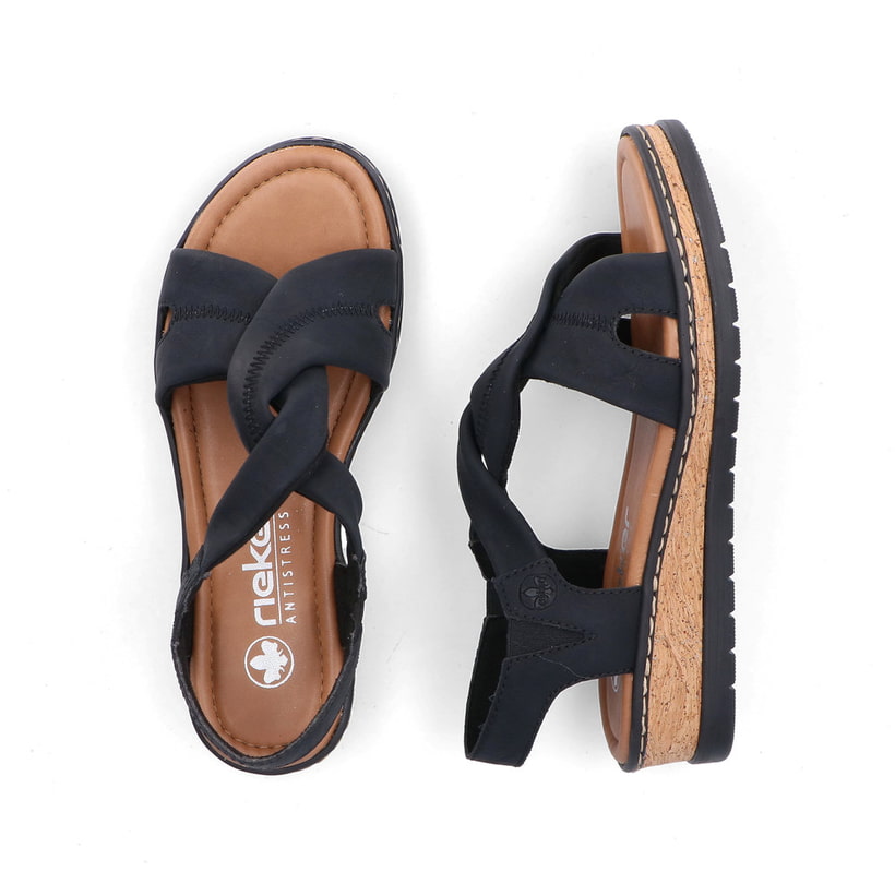Sandales à lanières Rieker noires femme V4161-00 avec bande élastique. Chaussure vue de dessus, couchée.