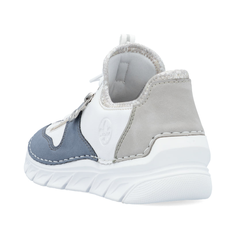 Weiße Rieker Damen Slipper 55064-80 mit Deko-Reißverschluss sowie einem Gummizug. Schuh von hinten.