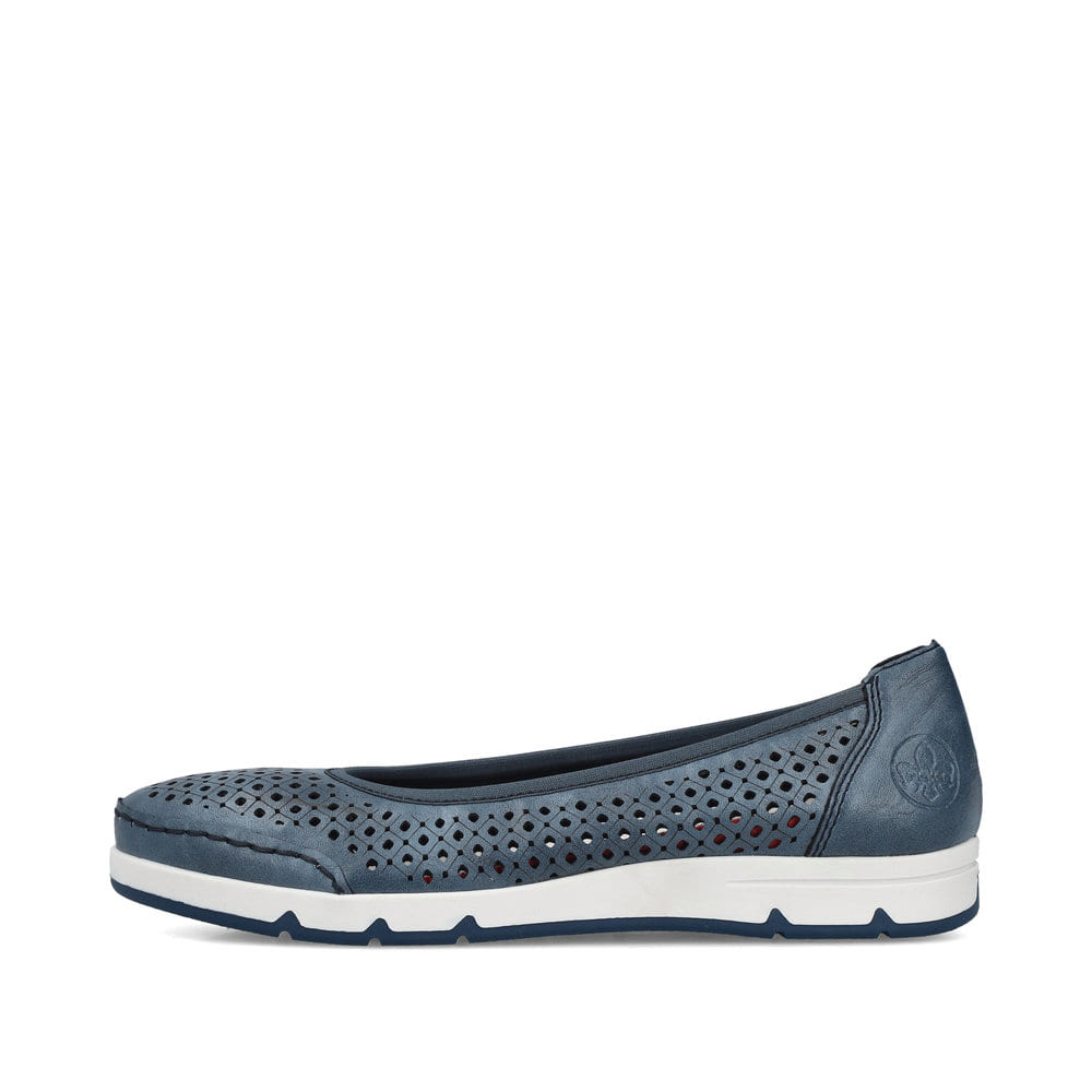 Ballerines Rieker bleues pour femme L3065-14 en optique Ã  trous. Côté extérieur de la chaussure.