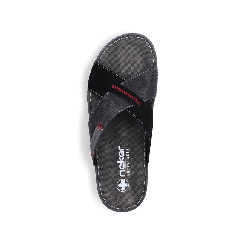 Schwarze Rieker Herren Pantoletten 21098-02 mit der Komfortweite G. Schuh von oben.