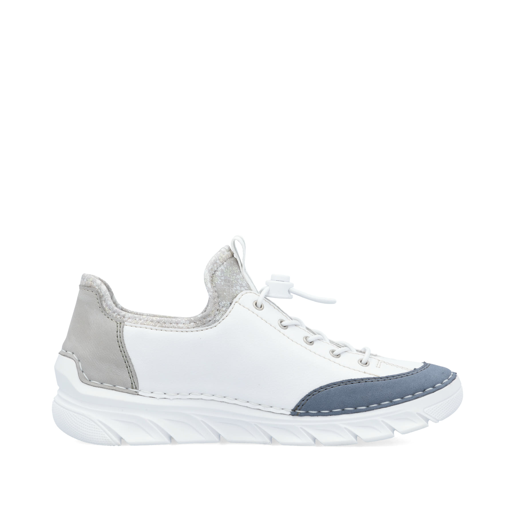 Weiße Rieker Damen Slipper 55064-80 mit Deko-Reißverschluss sowie einem Gummizug. Schuh Innenseite.