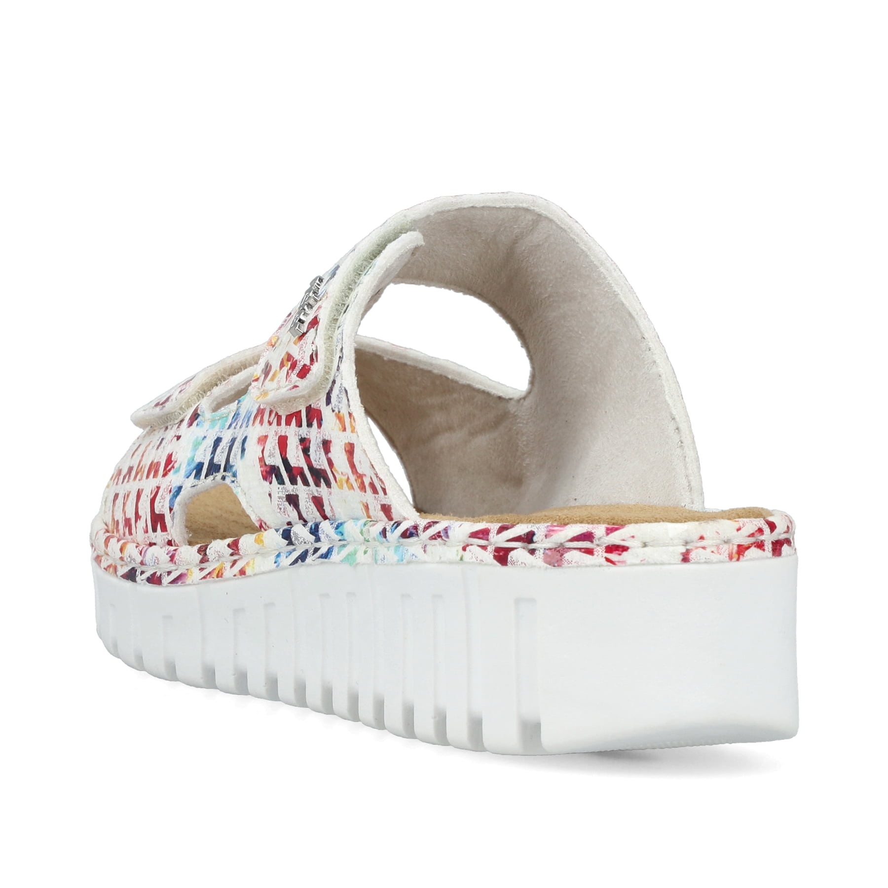 Mehrfarbige Rieker Damen Pantoletten V1392-90 mit einem Klettverschluss. Schuh von hinten.