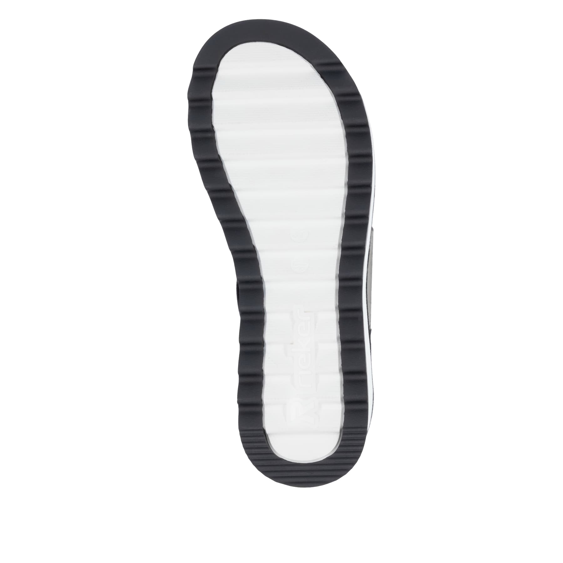 Schwarze Rieker Damen Riemchensandalen W3053-00 mit einem Gummizug. Schuh Laufsohle.