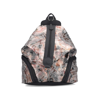 Rieker Rucksack H1055-96 in Metallic mit Textprint, Reißverschluss, Handyfach und praktischem Karabiner. Vorderseite.