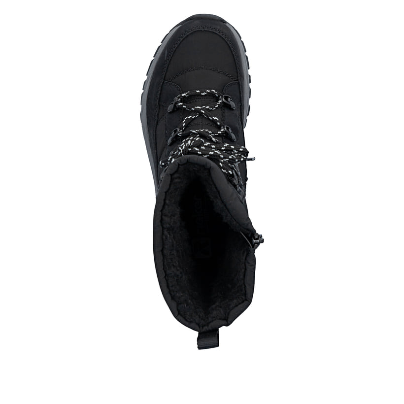 Schwarze Rieker Damen Kurzstiefel Z3950-00 mit dem umdrehbaren Glacier Grip. Schuh von oben.