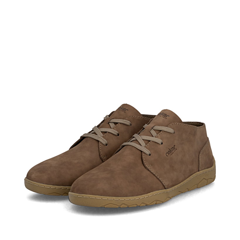 Braune Rieker Herren Schnürstiefel 08301-24 aus Glattleder, Barfußschuhe. Schuhpaar seitlich schräg.