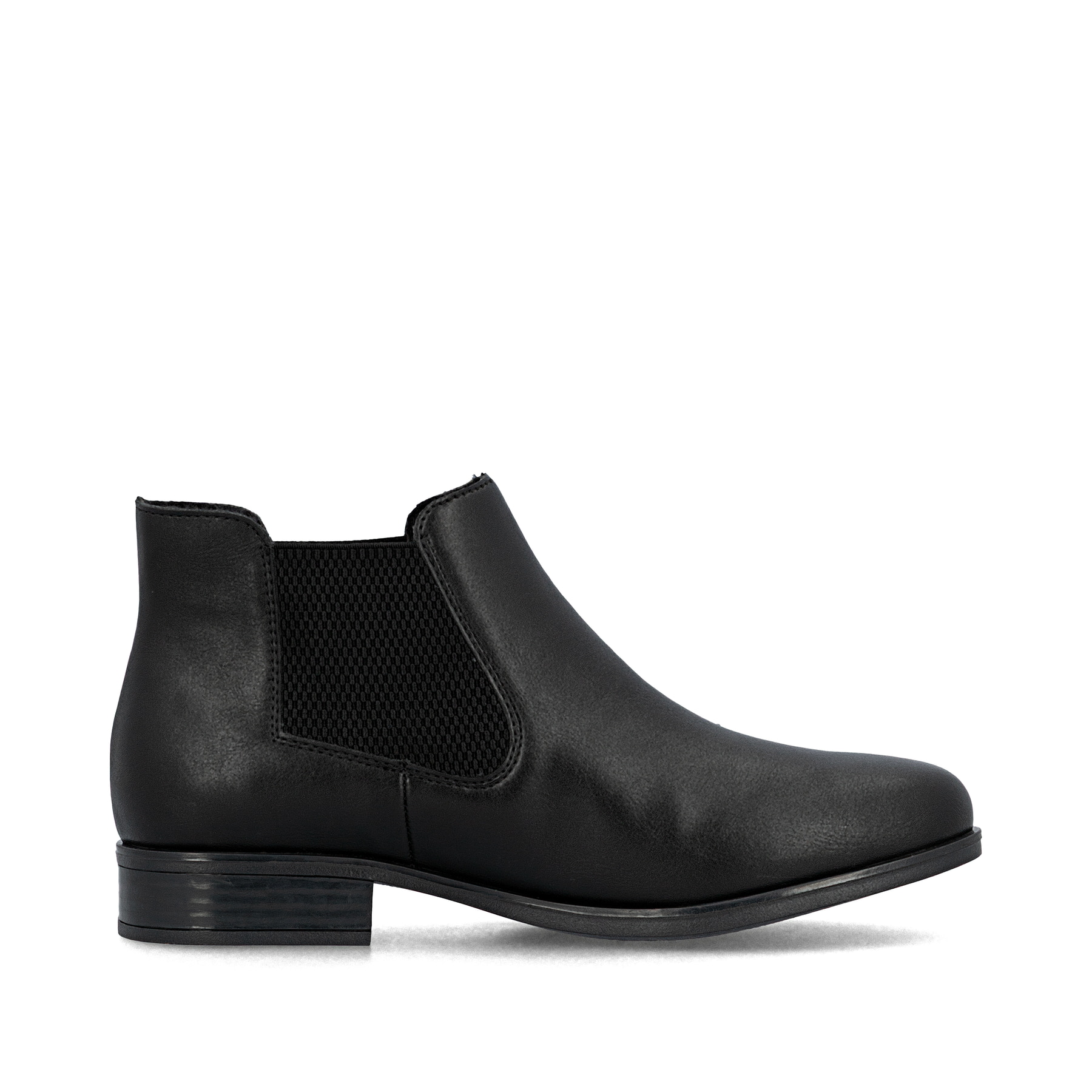 Schwarze Rieker Damen Chelsea Boots 77050-00 mit einem Gummizug. Schuh Innenseite.