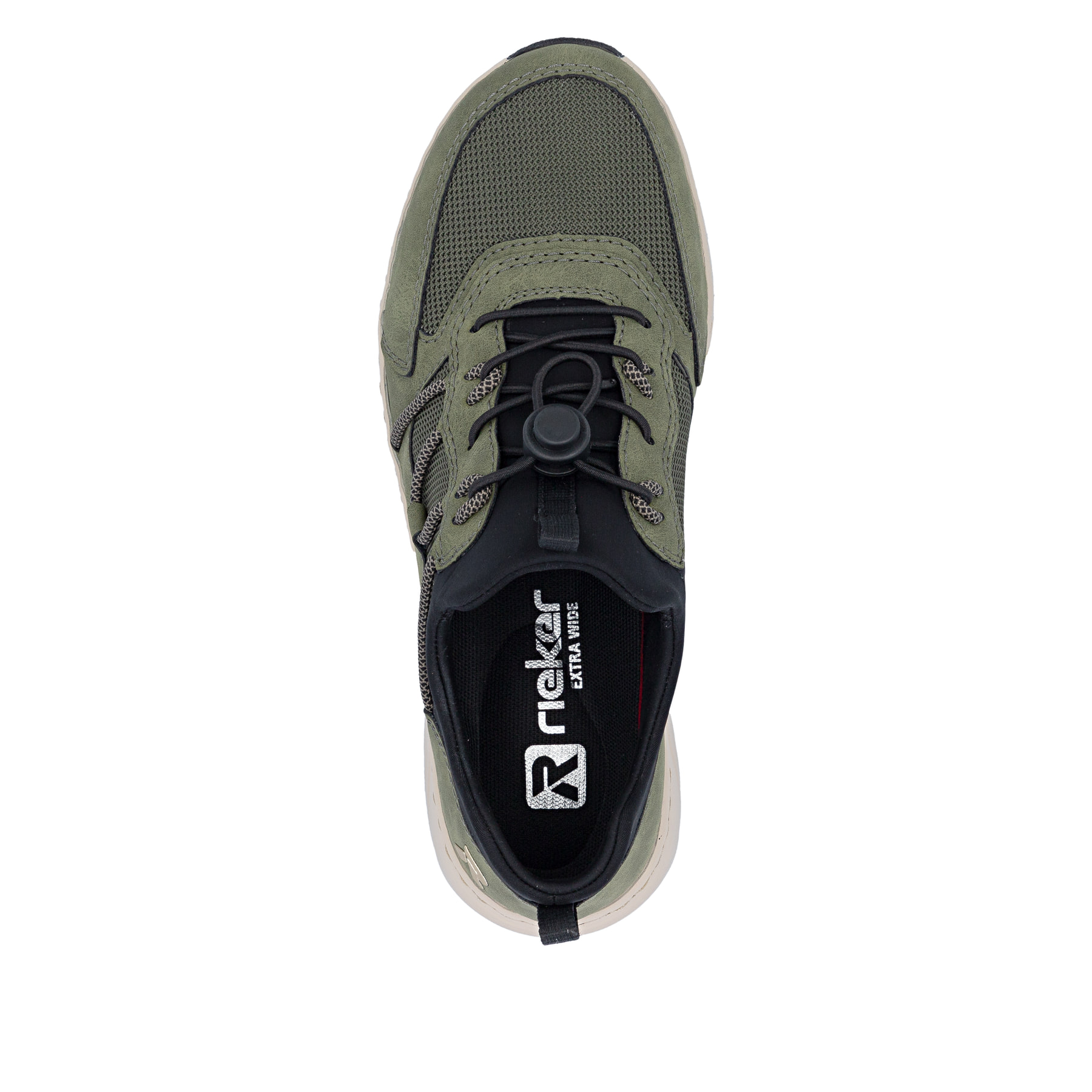 Khaki-schwarze Rieker Damen Slipper 53153-54 mit Gummizug sowie der Extraweite H. Schuh von oben.