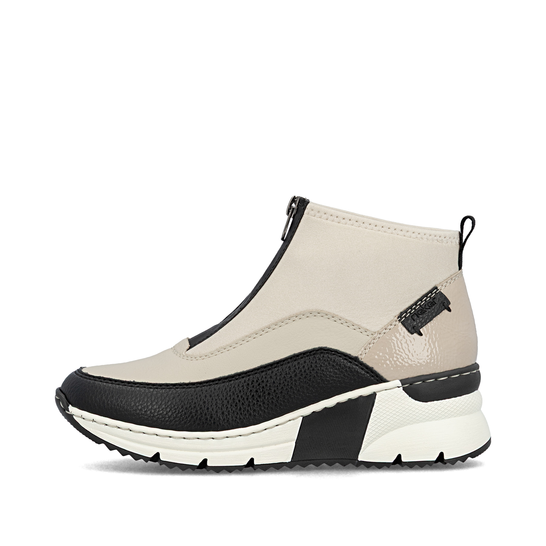 Baskets montantes Rieker beiges pour femme N6352-60 avec fermeture éclair. Côté extérieur de la chaussure.