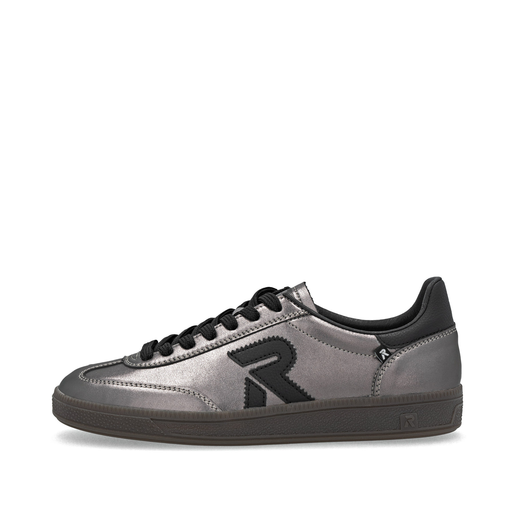 Silberne Rieker Damen Sneaker Low W2200-91 mit einer Schnürung. Schuh Außenseite.