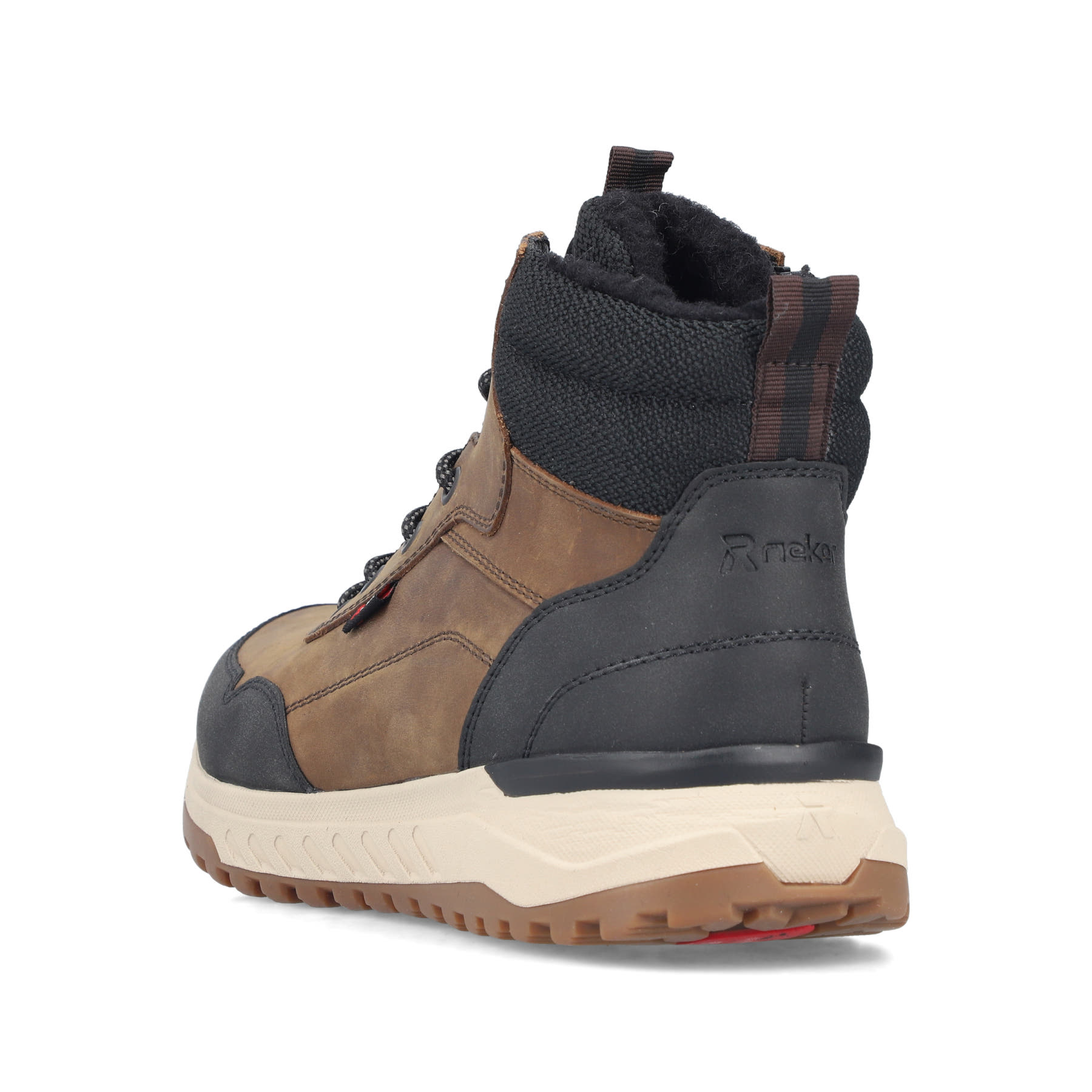 Braun-schwarze Rieker Herren Schnürstiefel U0110-26 aus Rauleder. Schuh von hinten.