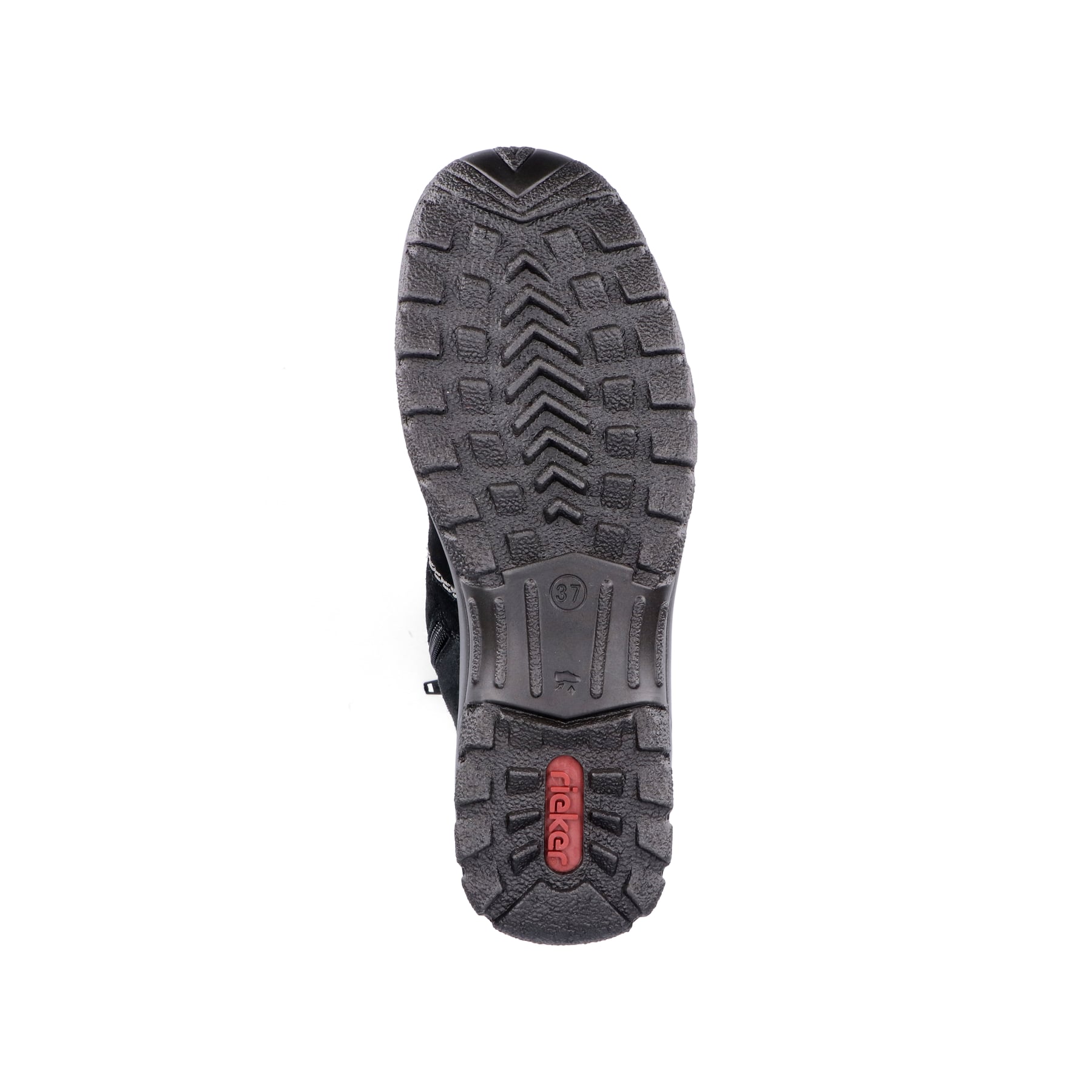Tiefschwarze Rieker Damen Kurzstiefel Z68M1-01 mit einer schockabsorbierenden Sohle. Schuh seitlich schräg