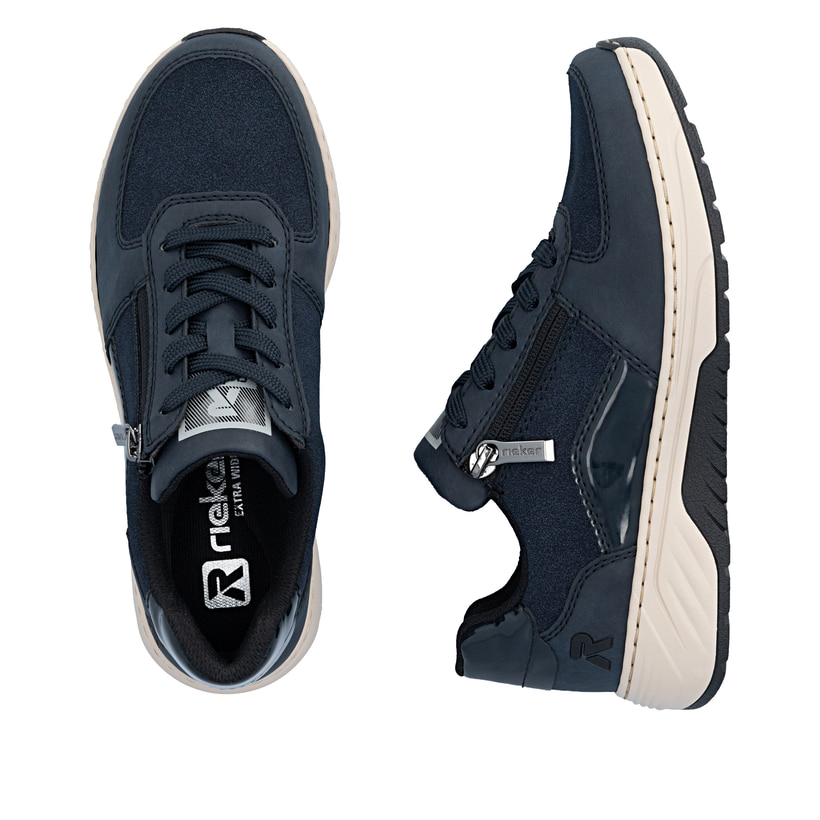 Dunkelblaue Rieker Damen Sneaker Low 53101-15 mit einem Reißverschluss. Schuh von oben, liegend.