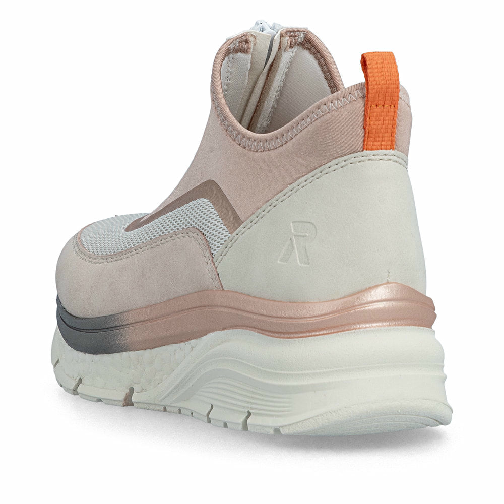Rosane vegane Rieker Damen Sneaker High 48053-31 mit einem Reißverschluss. Schuh von hinten.