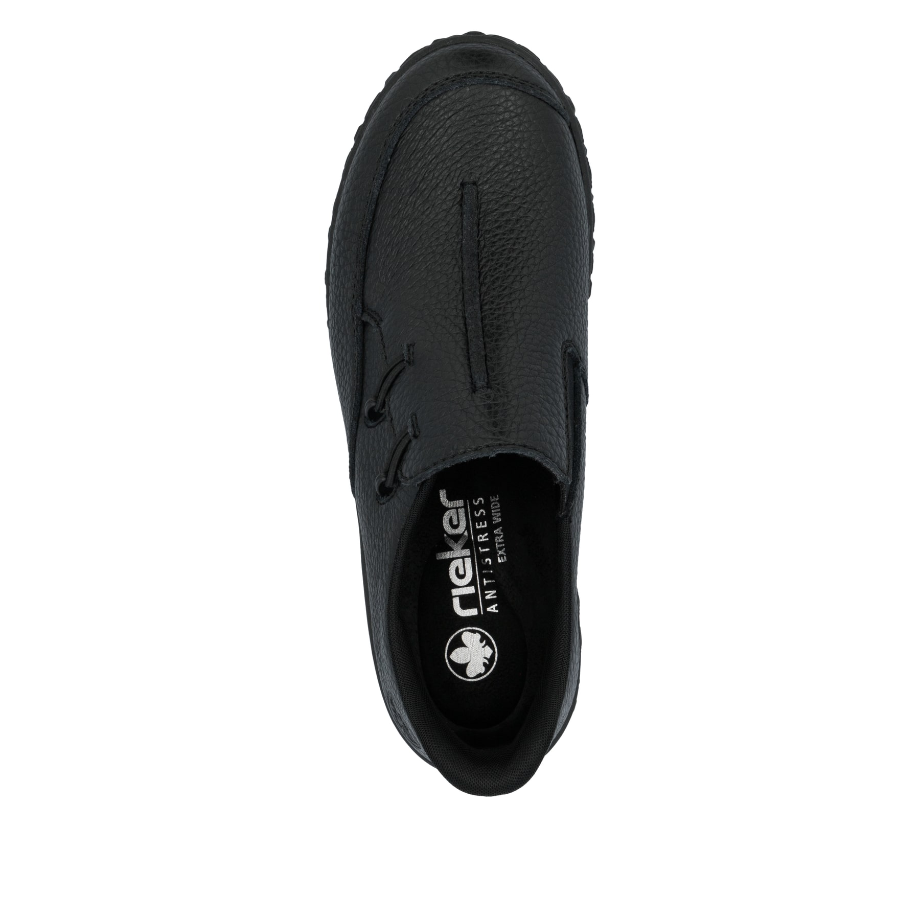 Schwarze Rieker Damen Slipper 59559-00 aus Glattleder. Schuh von oben.