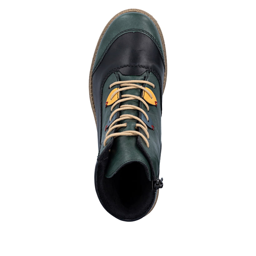 Blau-schwarze Rieker Damen Schnürstiefel 73510-90 mit farbenfrohen Details. Schuh von oben.