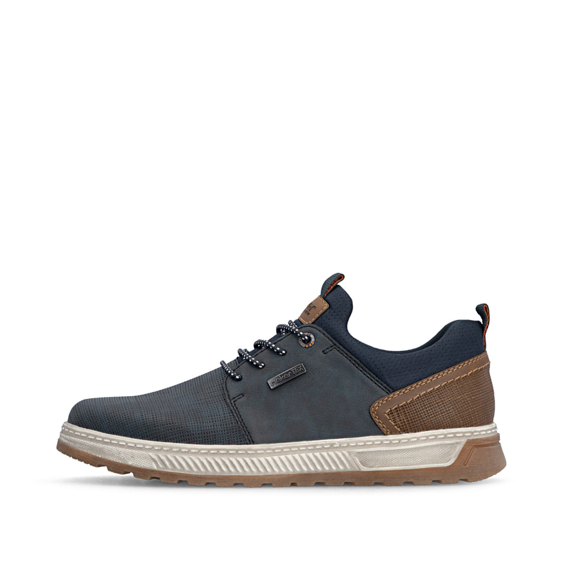 Mocassins Rieker bleus hommes 37050-15 avec membrane RiekerTEX hydrofuge. Côté extérieur de la chaussure.
