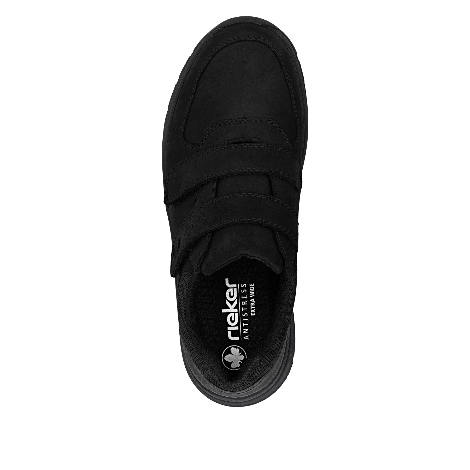 Schwarze Rieker Herren Slipper 11051-00 aus Rauleder mit einem Klettverschluss. Schuh von oben.