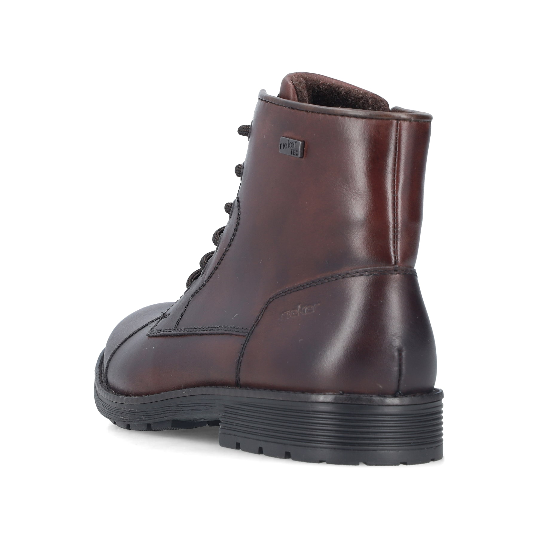 Dunkelbraune Rieker Herren Schnürstiefel F4546-25 aus Glattleder. Schuh von hinten.