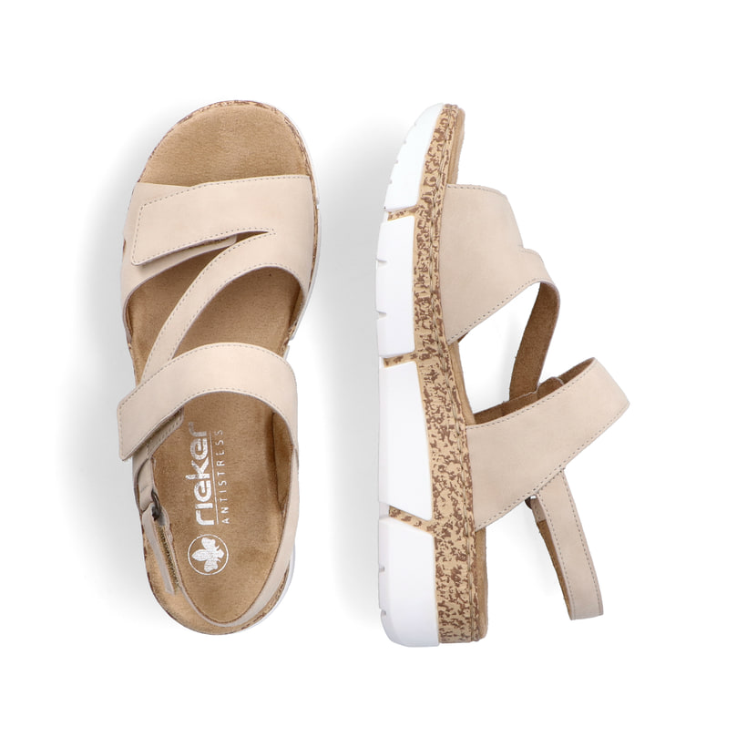 Beige Rieker Damen Riemchensandalen V2366-60 mit einem Klettverschluss. Schuh von oben, liegend.