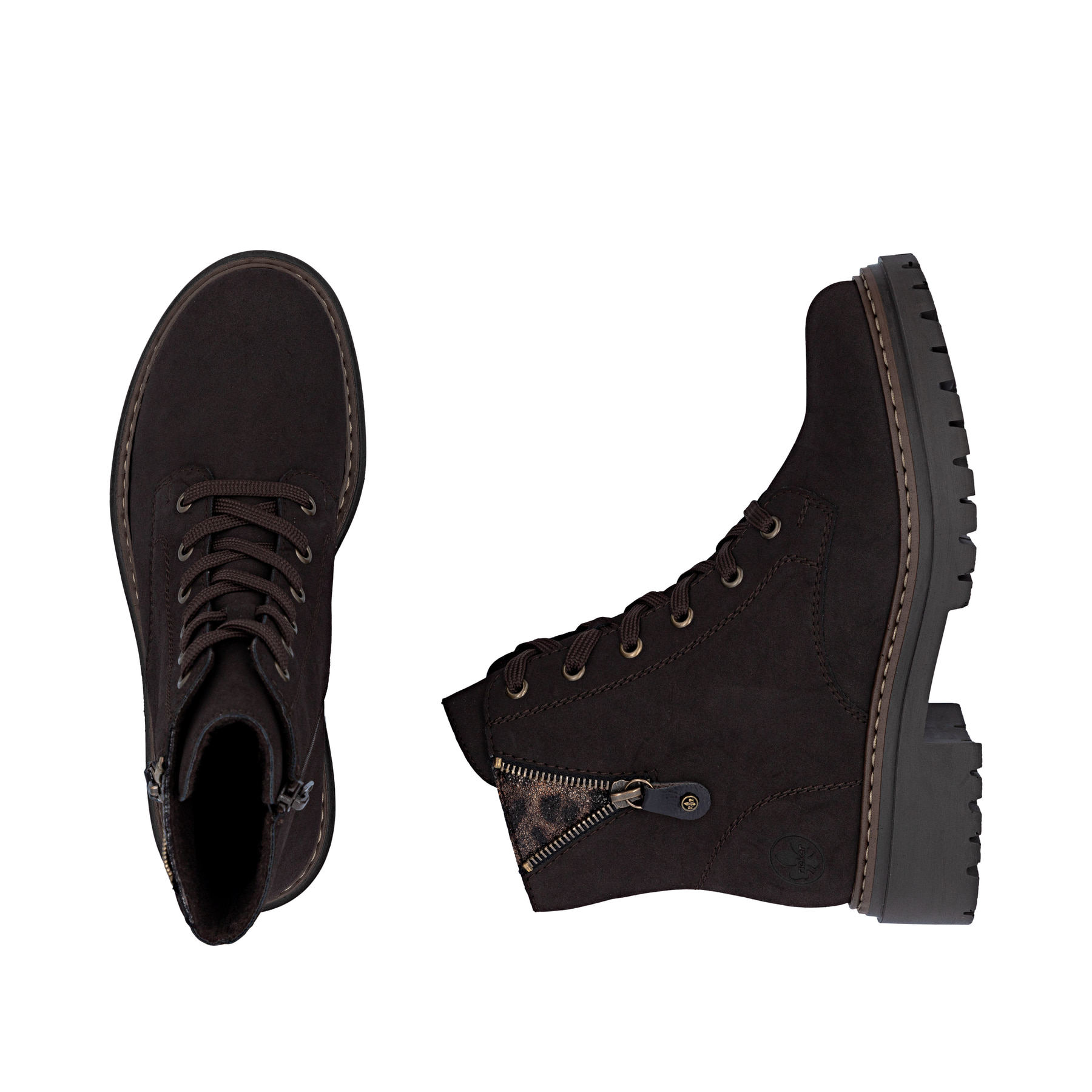 Dunkelbraune Rieker Damen Biker Boots 72617-25 mit Deko-Reißverschluss. Schuh von oben, liegend.