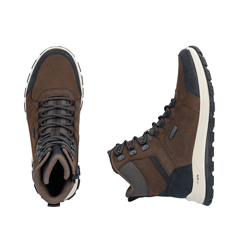 Dunkelbraun-schwarze Rieker Herren Schnürstiefel B8122-25 aus Rauleder. Schuh von oben, liegend.