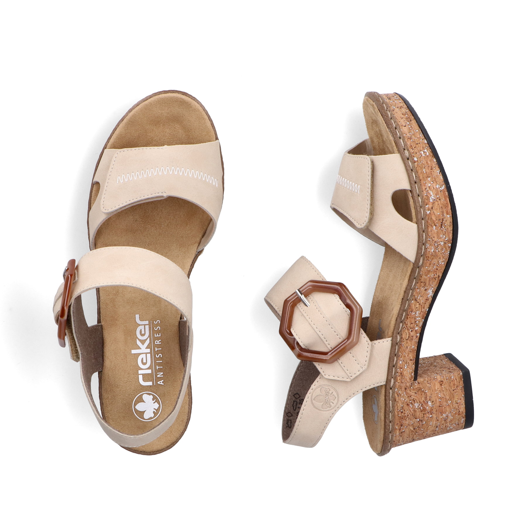 Beige Rieker Riemchensandaletten 63850-60 mit trendigen Schnalle. Schuh von oben, liegend.