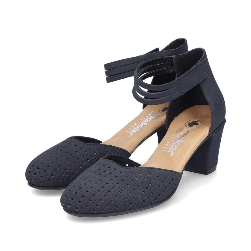 Escarpins Rieker bleus pour femme 41050-15 avec fermeture velcro. Chaussures inclinées sur le côté.