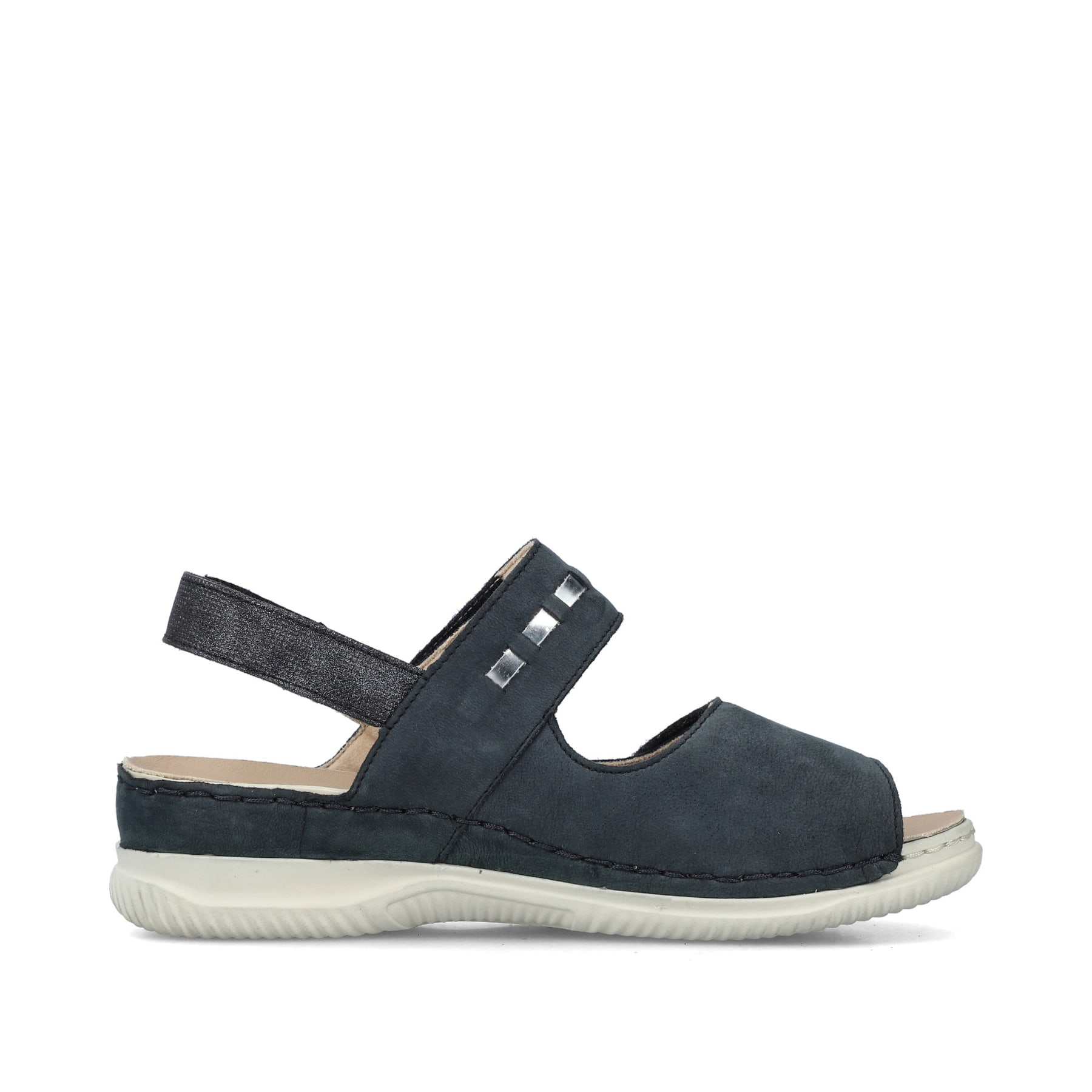 Stahlblaue Rieker Damen Riemchensandalen V7473-14 mit einem Klettverschluss. Schuh Außenseite gespiegelt.