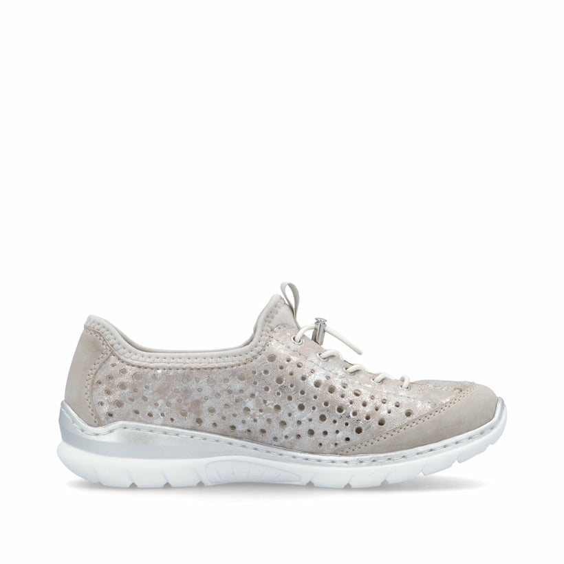 Metallische Rieker Damen Slipper L32P6-90 mit Deko-Reißverschluss sowie Gummizug. Schuh Innenseite.